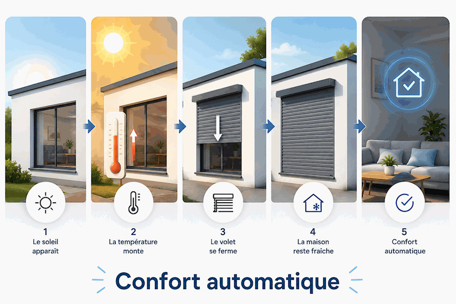 Confort automatique avec protections solaires connectées Maison équipée de protections solaires automatisées pour améliorer le confort d’été